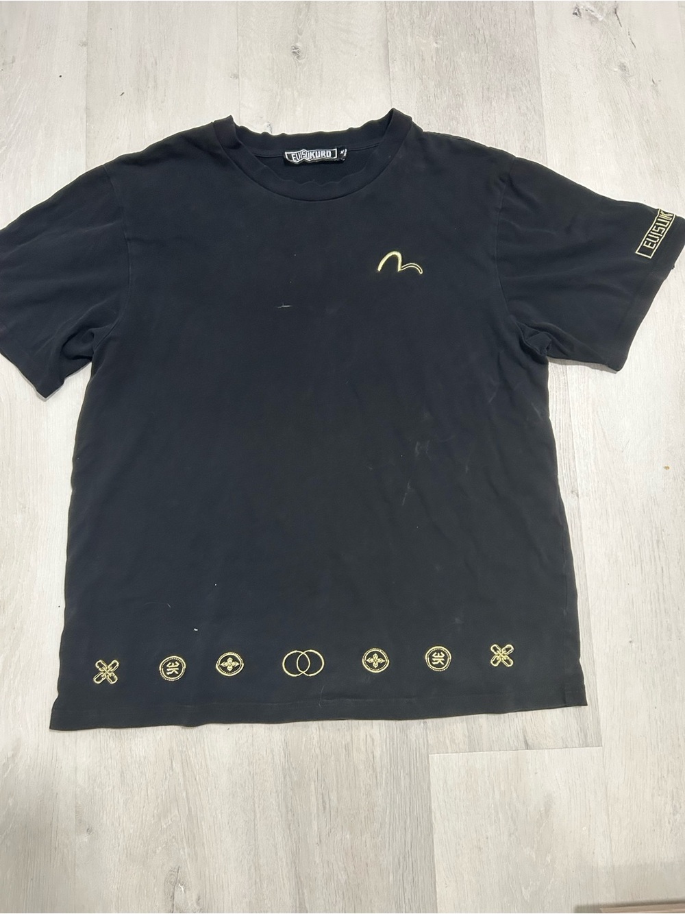 Evisu Black Short-Sleeve Tee with Gold Logo Accents